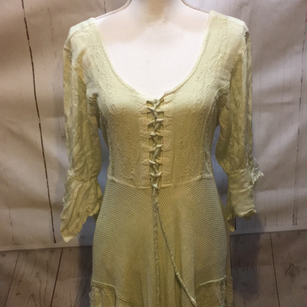 Flower Women's Size L Boho Prairie Cottagecore Lime Maxi Smock Tie Waist Dress